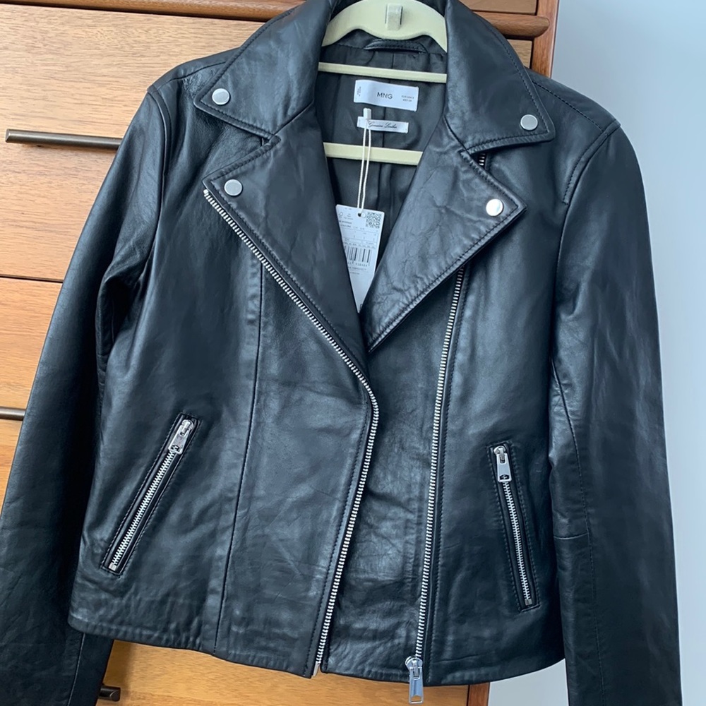MANGO Black Leather biker/moto jacket Size Small